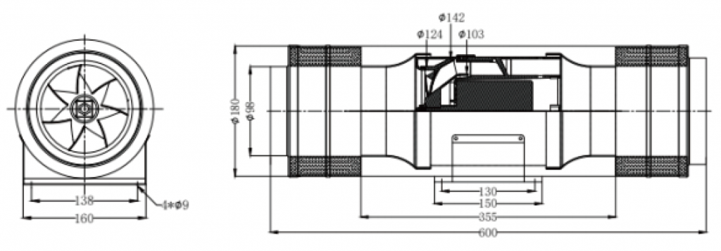 100 (4")U-MWN-03 Ultra Silent Duct Fans Drawing