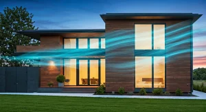 Home exterior with visible ventilation system