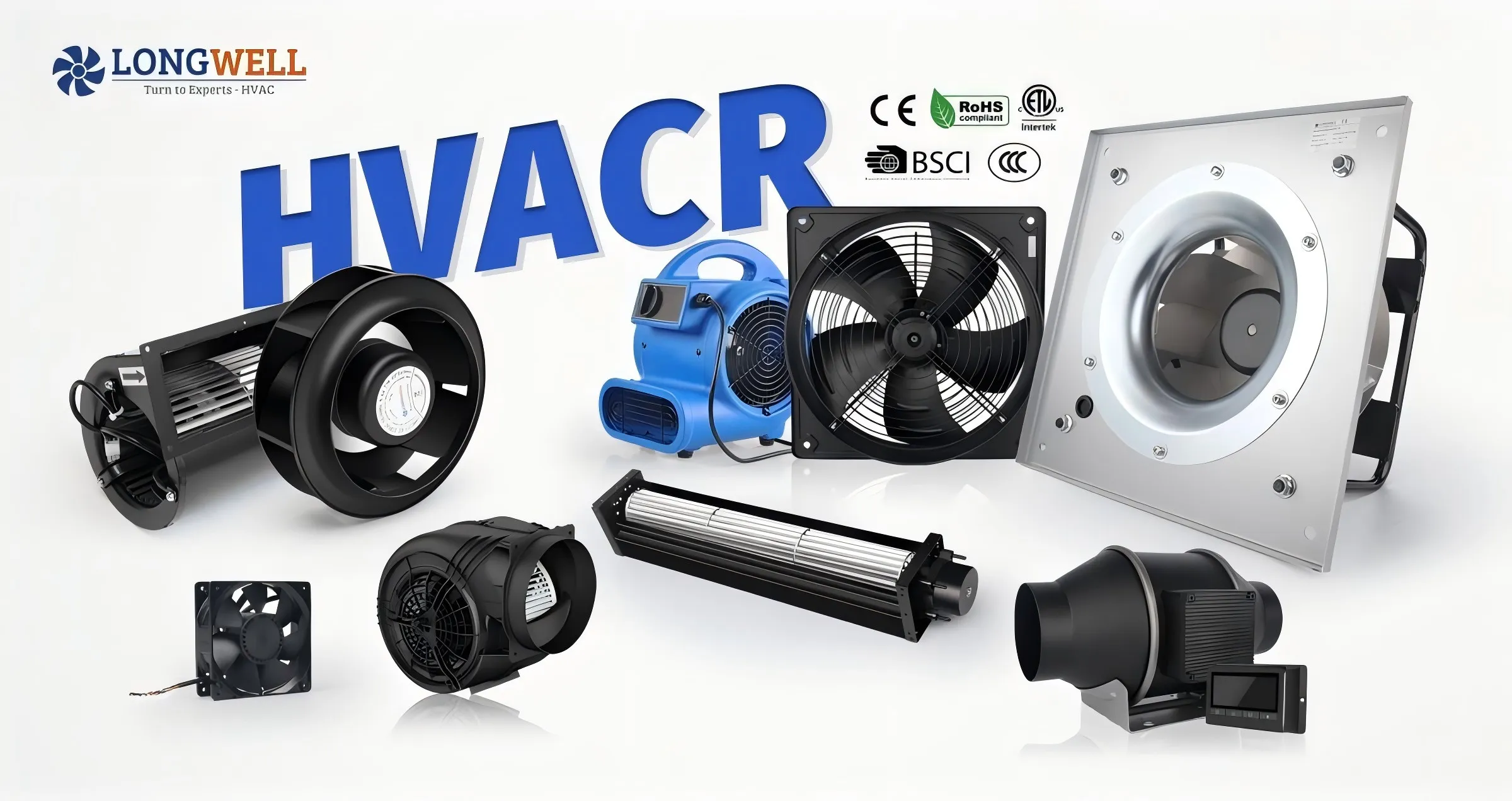 LONGWELL one-stop aerodynamic ecosystem featuring plug fans, axial fans, and cross flow fans for HVAC systems