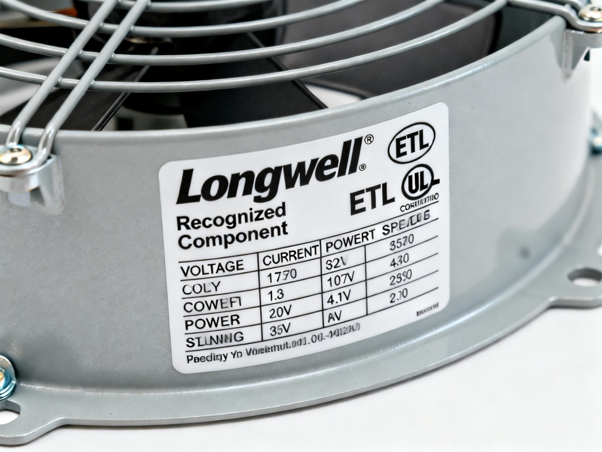 一张 Longwell 轴流风机标签的特写照片,展示了 ETLUL 标志和技术规格