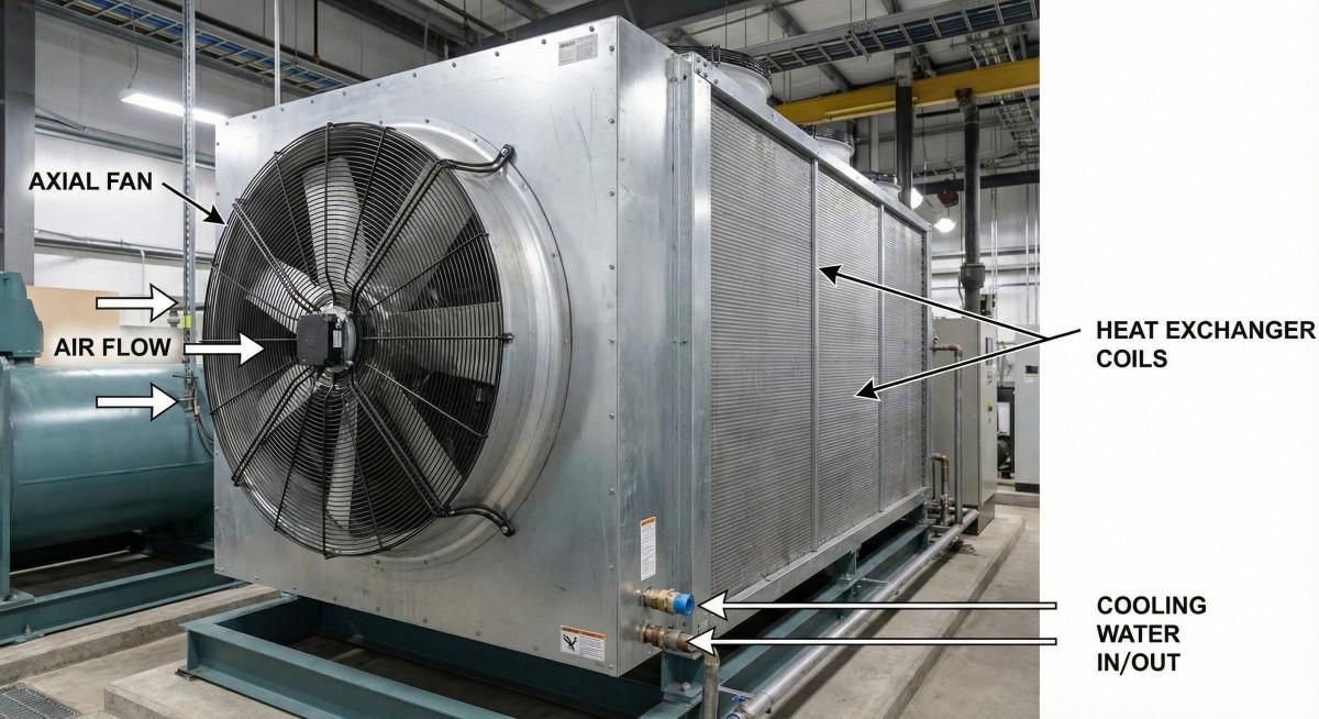 轴流风机安装在大型工业热交换器或冷水机组上的安装示意图