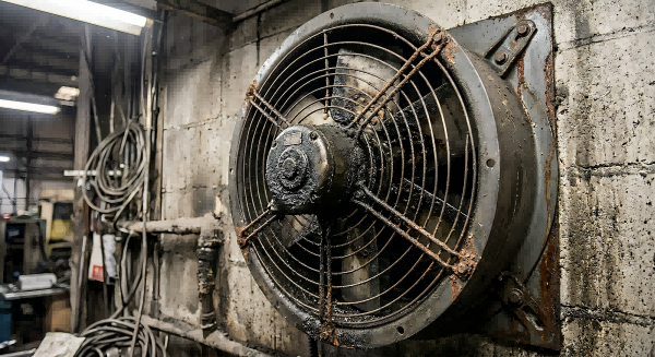 dirty axial fan covered in dust and grease, industrial environment, rust on metal, close-up, realistic, no clean surfaces, maintenance neglected