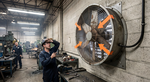 axial fan airflow direction wrong, arrows showing reverse airflow, industrial ventilation system, realistic factory wall fan(1)