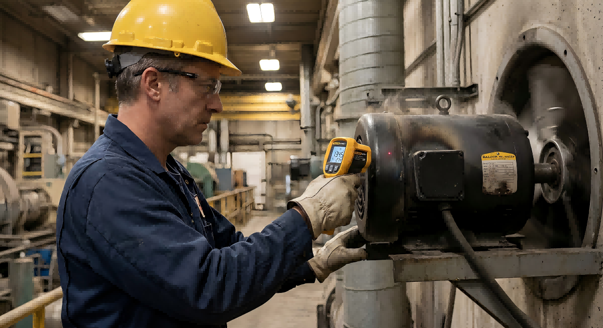 infrared thermometer measuring motor temperature, overheating industrial fan motor, thermal reading visible, realistic