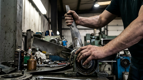 technician checking axial fan blade by hand, stuck bearing, industrial repair scene, close-up hands, realistic workshop lighting