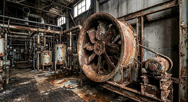 corroded industrial fan in chemical plant, rust and corrosion on metal, harsh environment, realistic industrial decay