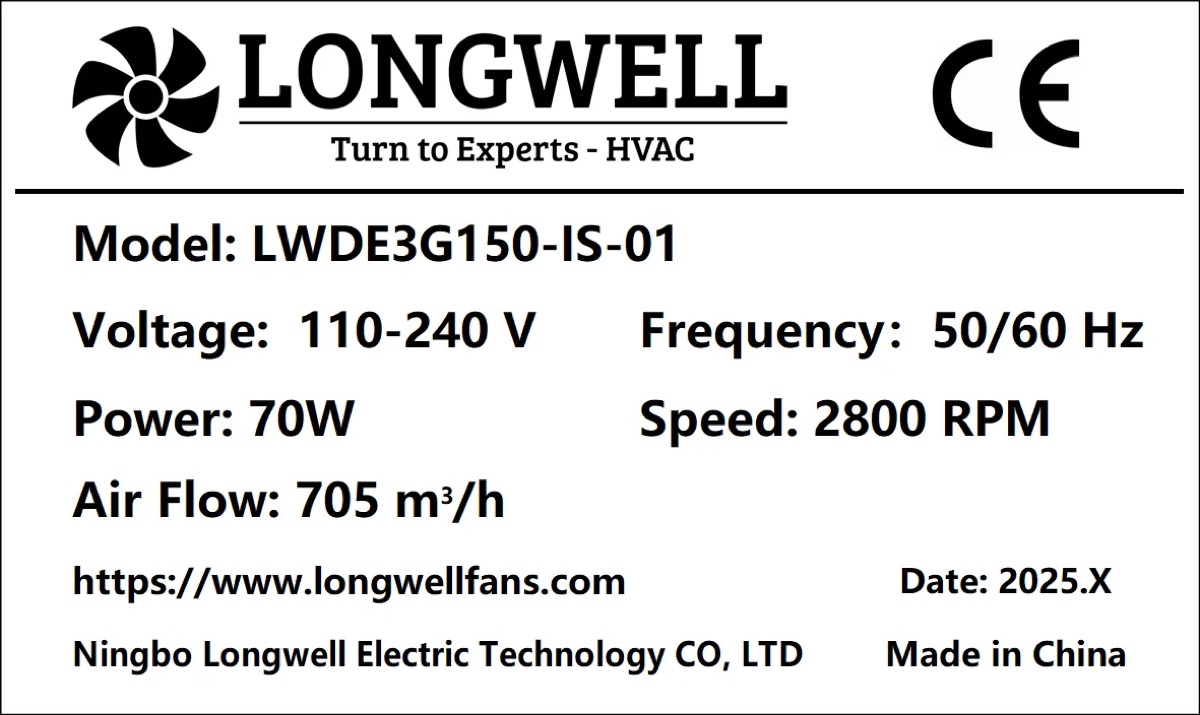 LONGWELL LWDE3G150-IS EC inline duct fan, product photo